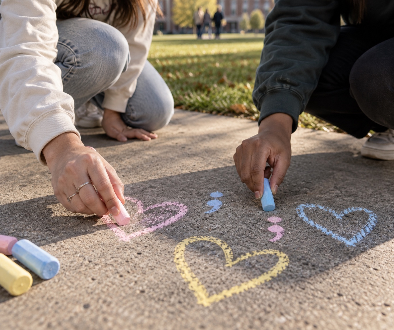 Students making a colorful chalk artwork together on a campus walkway