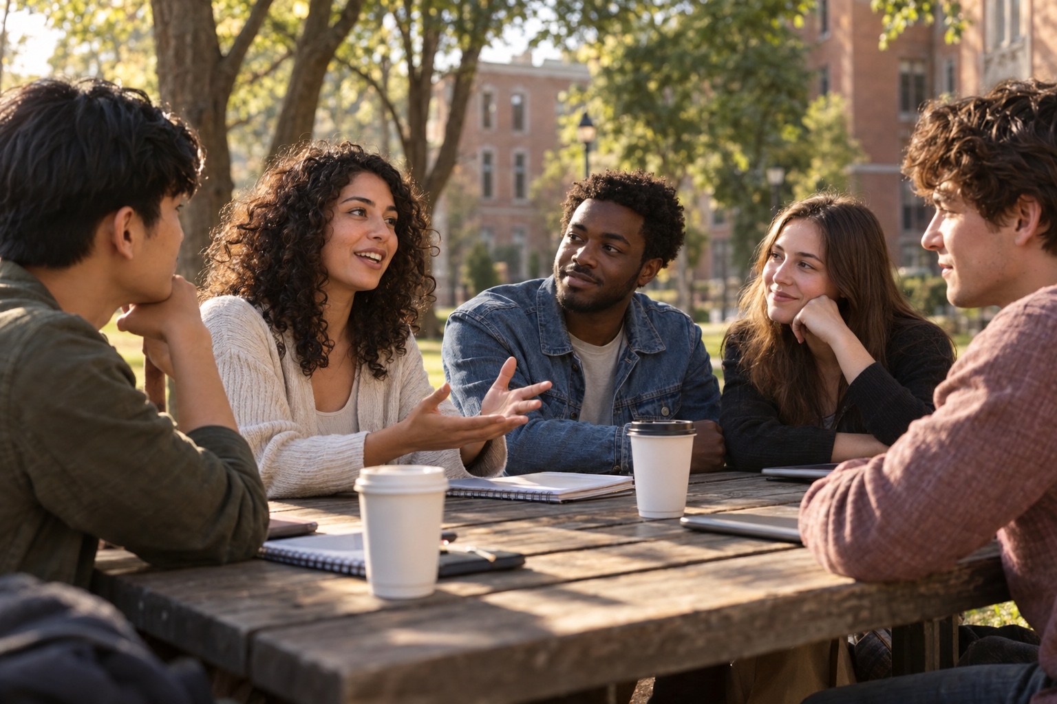 College students sharing a conversation around a campus table