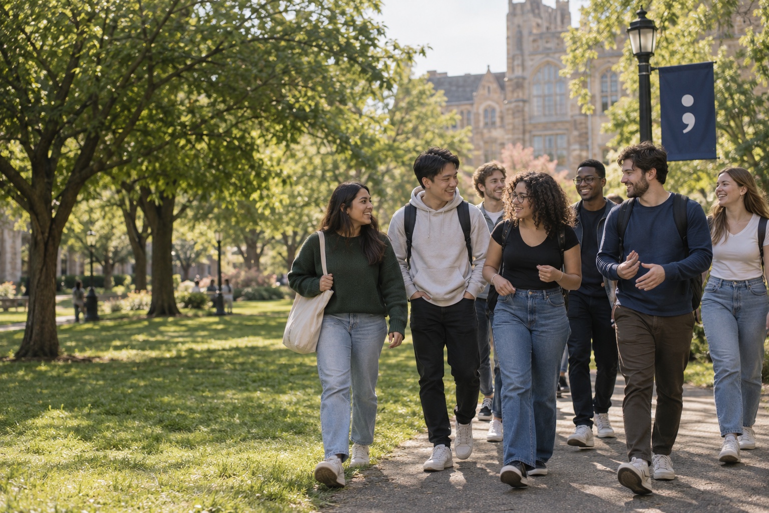 Students walking together across a college campus lawn
